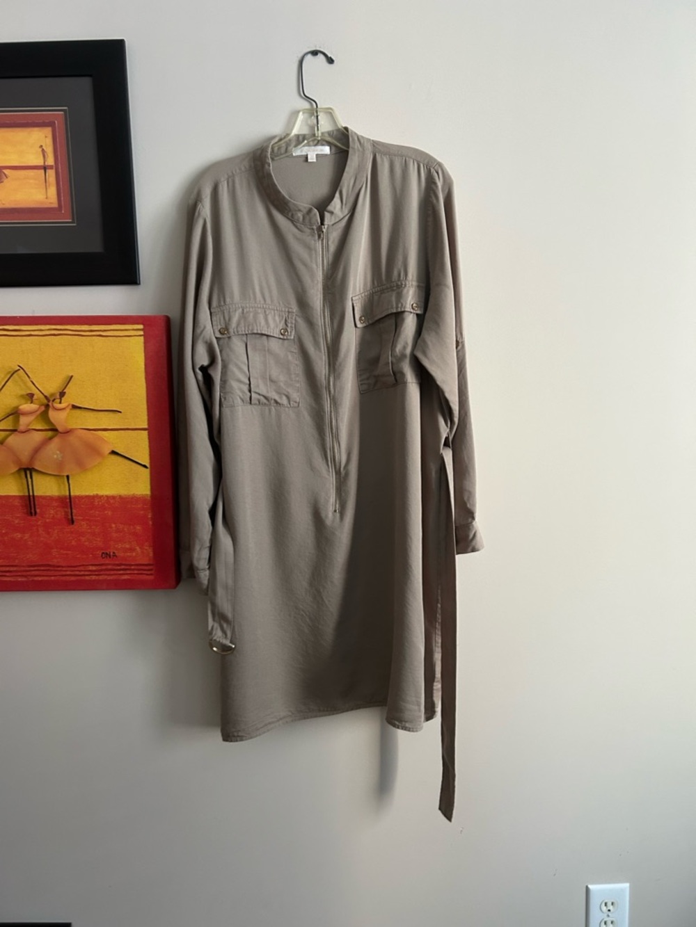 Taupe Long Sleeve Shirt Dress with Waist Tie
